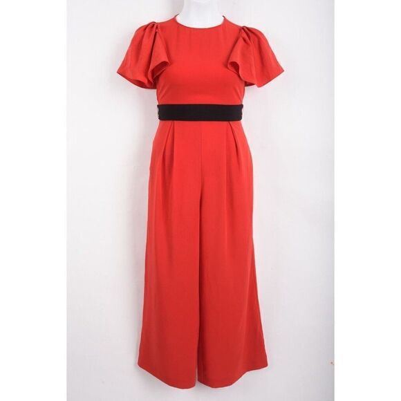 Zara Pants - Zara Womens Ruffle Sleeve Jumpsuit Wide leg Belted  XS Red 0387/183 NWT